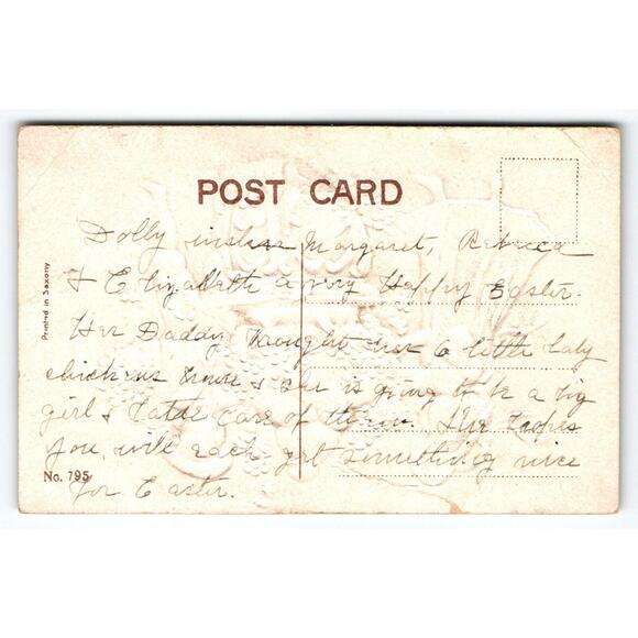 Easter Postcard Boy Girl Flowers Baby Chicks In Outside Garden Germany Antique - Picture 2 of 2